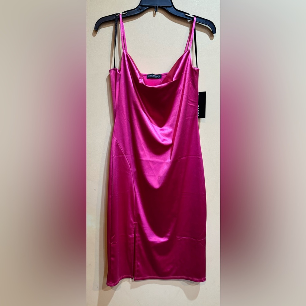 Pink satin midi dress with slit. Never worn. NWT